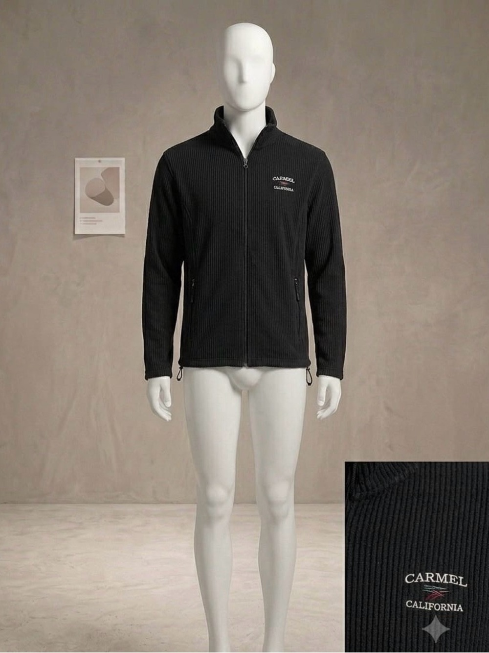Carmel California Men's Black Ribbed Zip-Up Sweater Jacket
